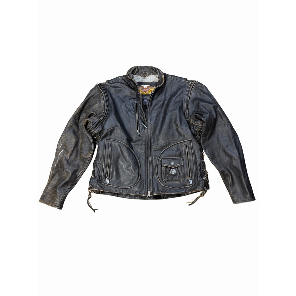 Harley Davidson Womens XL Leather Motorcycle Jacket Distressed Black Biker Moto